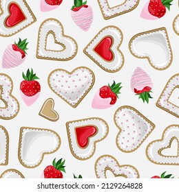 Heart shaped cookies in white icing with berry jam and strawberries in pink chocolate. Vector seamless pattern.