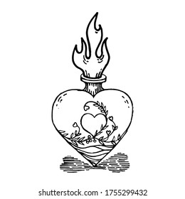 Heart shaped cosmetic bottle with a fire cap on a white background. A bottle of love magic. Spells. Perfume bottle. Fragrances, serum, essential oil glass containers.Beauty product. Hand drawn vector