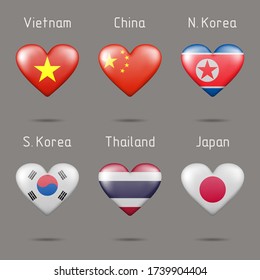 Heart Shaped Countries of Southeast and East Asia Flags. Six Flag Icons. EPS-10. Mesh Gradient and Transparency were Used. 