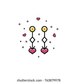 Heart shaped dangle earrings - flat color line icon. Woman jewelry pictogram. Female bijou image. 