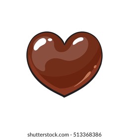 Heart shaped dark chocolate candy, sketch style vector illustration isolated on white background. Candy, bonbon, praline covered with milk or dark chocolate, appetizing shiny hand drawn dessert