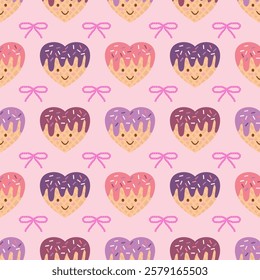 Heart shaped Valentine’s day cookies seamless pattern on pink background, making it perfect for a variety of creative uses, including gift wrap, fabric prints, stationery, or digital backgrounds.