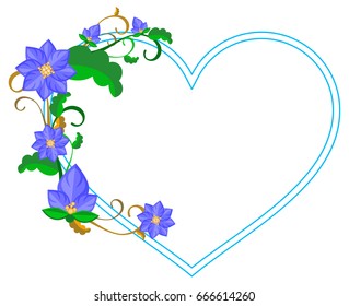 Heart shaped decorative frame with abstract blue flowers. Vector clip art.
