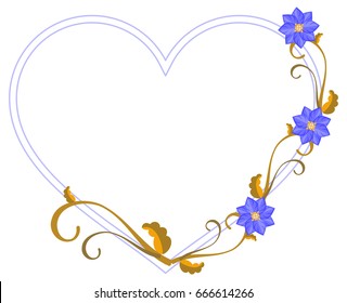Heart shaped decorative frame with abstract blue flowers. Vector clip art.