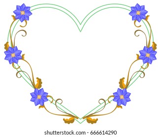 Heart shaped decorative frame with abstract blue flowers. Vector clip art.