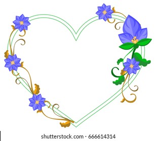 Heart shaped decorative frame with abstract blue flowers. Vector clip art.