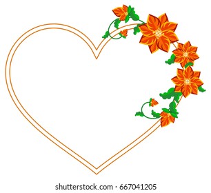 Heart shaped decorative frame with abstract red flowers. Vector clip art.