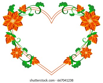 Heart shaped decorative frame with abstract red flowers. Vector clip art.