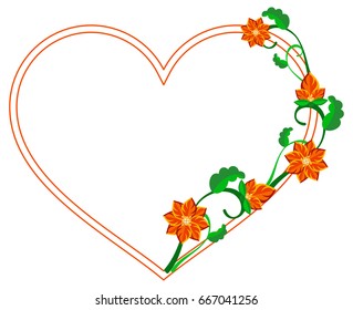 Heart shaped decorative frame with abstract red flowers. Vector clip art.