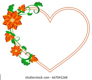 Heart shaped decorative frame with abstract red flowers. Vector clip art.