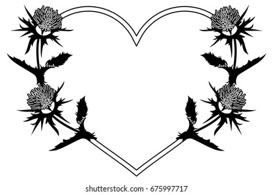 Heart shaped decorative frame with thistle silhouette. Vector clip art.