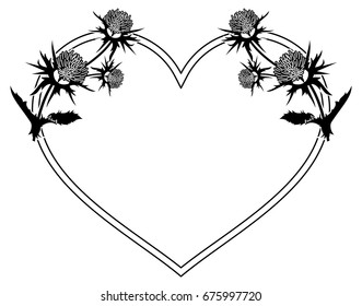 Heart shaped decorative frame with thistle silhouette. Vector clip art.