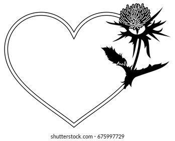 Heart shaped decorative frame with thistle silhouette. Vector clip art.