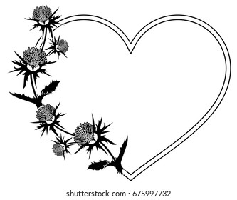 Heart shaped decorative frame with thistle silhouette. Vector clip art.
