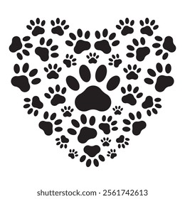 Heart shaped design with animal paw. Cute dog or cat paws for pet lovers. Isolated vector illustration