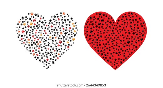 Heart shaped design of animal paw prints in vibrant colors perfect for animal lovers.