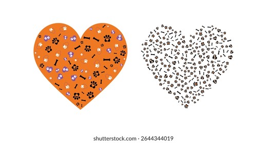 Heart shaped design filled with pet paw prints and bones, perfect for animal lovers.