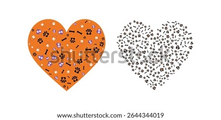 Heart shaped design filled with pet paw prints and bones, perfect for animal lovers.