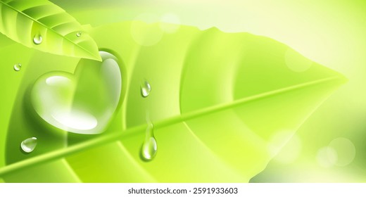 Heart shaped dew drops on green leaf, gradient background with bokeh. Fresh natural eco friendly banner with copy space. Vector illustration.