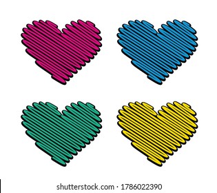 Heart shaped diagonal strokes on the white background. Heart contour of diagonal lines with shadow is perfect for logos and icons 
