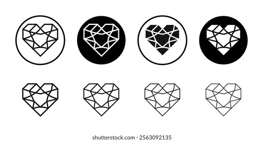 Heart shaped diamond icon Flat outline fill set collection