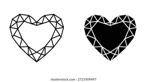 Conjunto de ícones de diamante em forma de coração. Símbolo de vetor de diamante em forma de coração em estilo de contorno e preenchido em preto.