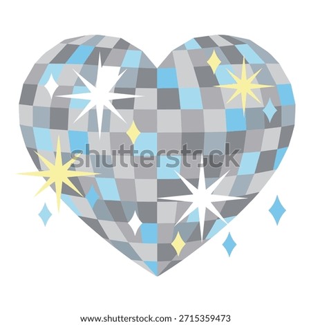 Heart shaped disco ball, sparkling lights, stars and reflections, romantic disco party celebration.