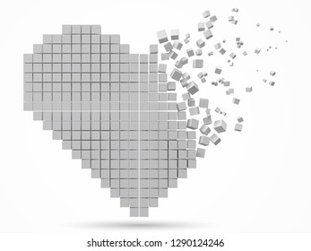 heart shaped, dissolving data block. made with cubes. 3d pixel style vector illustration. suitable for love, blockchain, technology, computer and abstract themes.