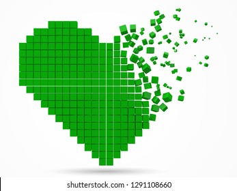 heart shaped, dissolving data block. made with green cubes. 3d pixel style vector illustration. suitable for love, blockchain, technology, computer and abstract themes.