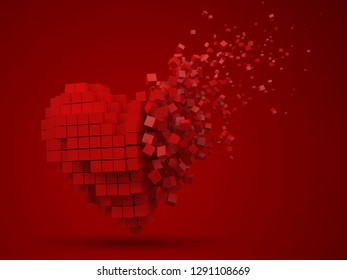heart shaped, dissolving data block. made with red cubes. 3d pixel style vector illustration. suitable for love, blockchain, technology, computer and abstract themes.