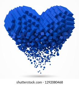 heart shaped, dissolving data block. made with cubes. 3d pixel style vector illustration. suitable for love, blockchain, technology, computer and abstract themes.