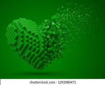 heart shaped, dissolving data block. made with green cubes. 3d pixel style vector illustration. suitable for love, blockchain, technology, computer and abstract themes.