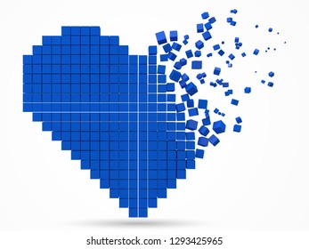 heart shaped, dissolving data block. made with blue cubes. 3d pixel style vector illustration. suitable for love, blockchain, technology, computer and abstract themes.