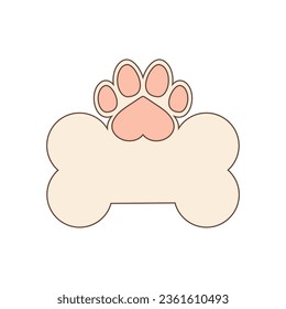 Heart shaped dog paw print and big dog bone with space for text. Vector design template. Isolated on blank white background.
