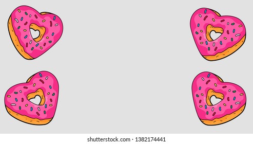 Heart shaped donut with decor on stone table. Top view with copy space.