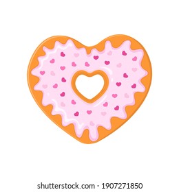 Heart shaped donut decorated with pink glaze and little heart shaped sprinkles. Doughnut for Valentines day isolated on white background. Vector cartoon illustration.