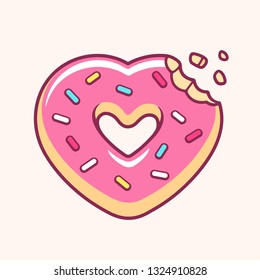 Heart shaped donut with missing bite. Pink cartoon donut with sugar sprinkles, isolated vector illustration.