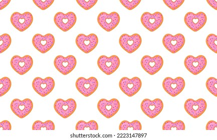 Heart shaped donut seamless pattern. Sweet doughnuts with sprinkles background for Valentines day. Scrapbooking or wrapping paper, napkin or tablecloth fabric design. Vector cartoon illustration