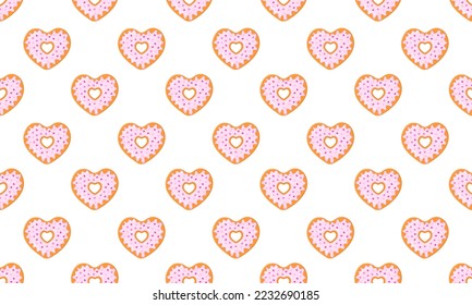 Heart shaped donut seamless pattern. Sweet doughnuts cakes background for Valentines day. Scrapbooking or wrapping paper, napkin or tablecloth textile design. Vector cartoon illustration