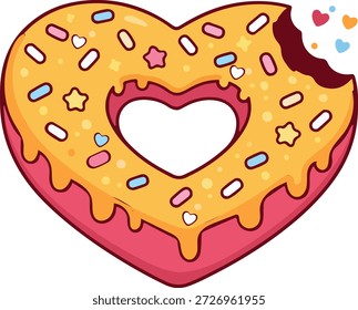 Donut en forma de corazón con chispas y mordida linda Ilustración vectorial de dibujos animados
