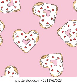 Heart shaped donut vector seamless pattern. Romantic Valentines Day background.