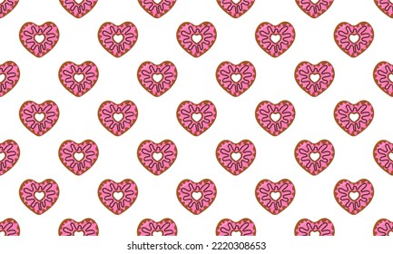 Heart shaped donuts background seamless pattern. Sweet doughnuts for Valentines day seamless pattern. Scrapbooking or wrapping paper, napkin or tablecloth fabric design. Vector cartoon illustration