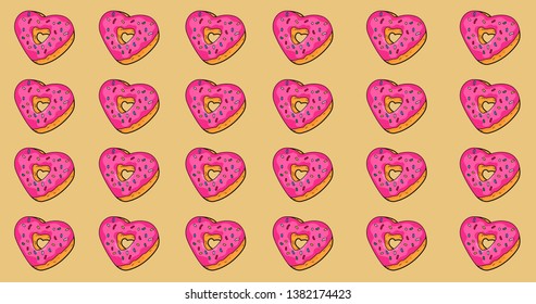 Heart shaped donuts on yellow background.  Valentine heart shaped cookies. Top view with copy space.