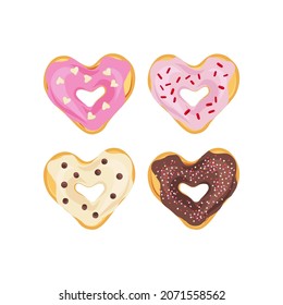 Heart shaped donuts vector clip art set isolated on white. Valentines day sweets illustration collection. Sweet treats graphic elements for romantic design