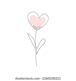 Heart shaped doodle flower. Continuous line drawing cartoon vector illustration. Valentines Day holiday design isolated element. concept of romance, purity, love, organic product