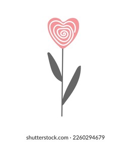 Heart shaped doodle flower in Scandinavian style. Lollipop Valentine plant. Cartoon vector illustration. Valentines Day holiday design element. Vector illustration isolated on white