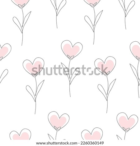 Heart shaped doodle flower seamless pattern. Cute continuous line drawing cartoon vector background for wallpaper, beauty products packaging, Birthday or Valentine day wrapping .