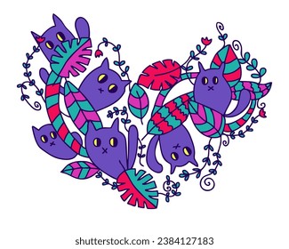 Herzförmige Doodle-Muster mit süßen Katzen im Dschungel. Konzept der Liebe für Haustiere. Helle Farben.  Handgezeichnete Vektorgrafik für jeden Zweck.


