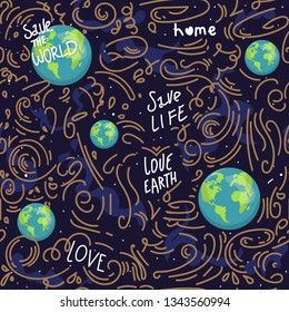 heart shaped earth. Cartoon globe. web icons green happy nature character. love ecology earth planet world map seamless pattern vector illustration. save the planet. motivation inscription.