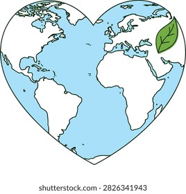 Heart shaped Earth with green leaf symbolizing eco love